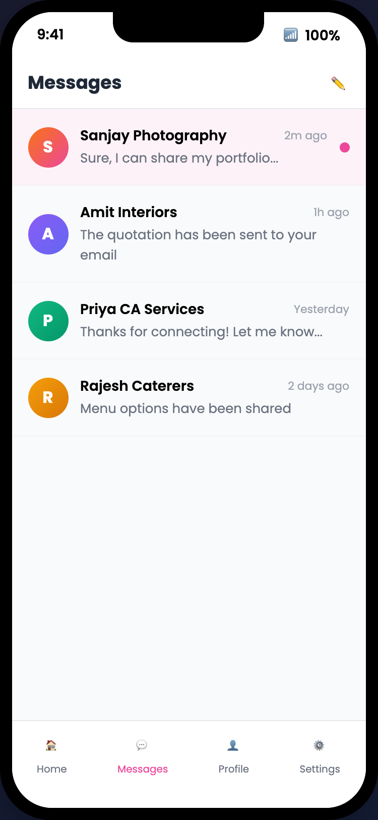 Step 4 - Messages inbox with conversation list from vendors and service providers